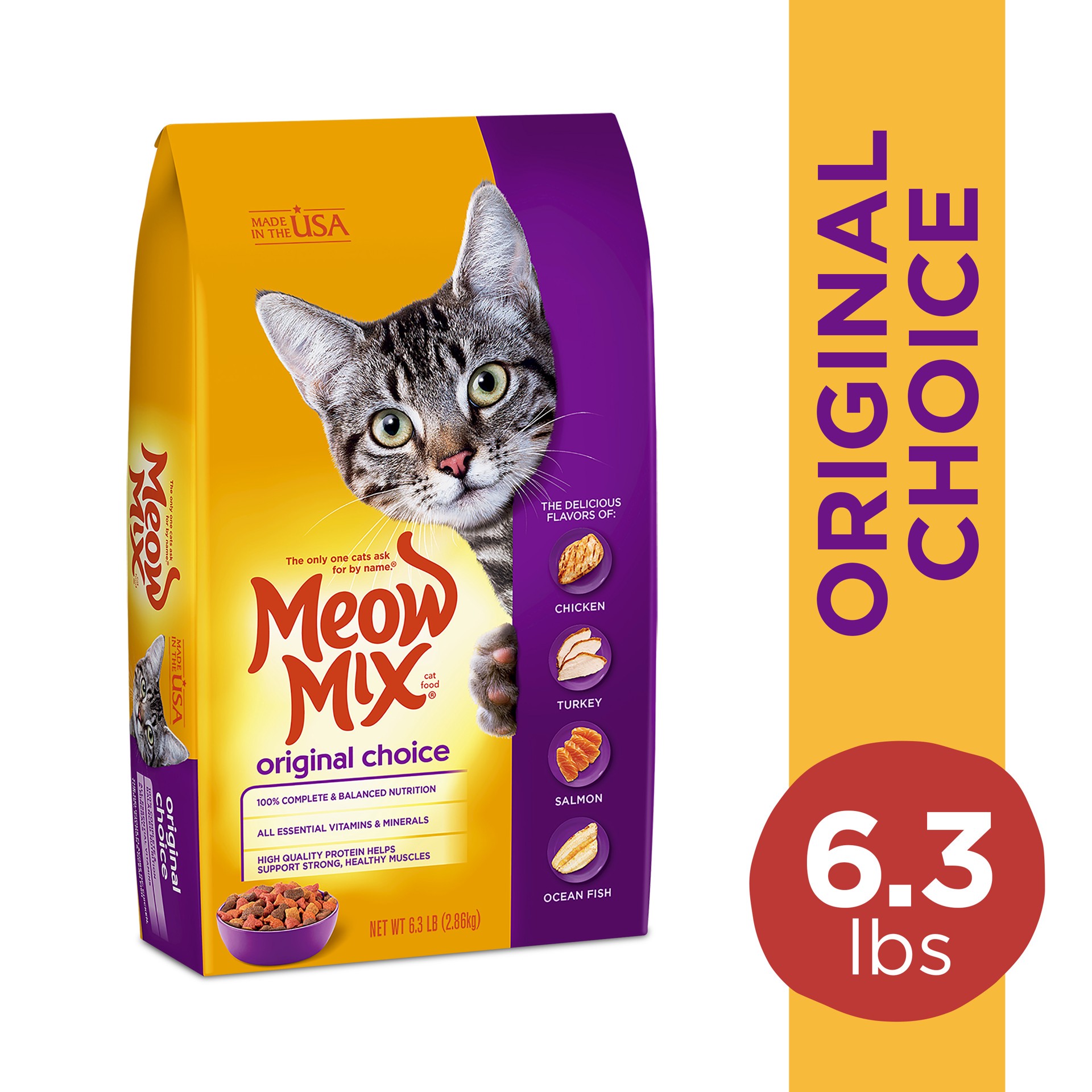 slide 2 of 6, Meow Mix Original Choice with Flavors of Chicken, Turkey & Salmon Adult Complete & Balanced Dry Cat Food - 6.3lbs, 6.3 lb