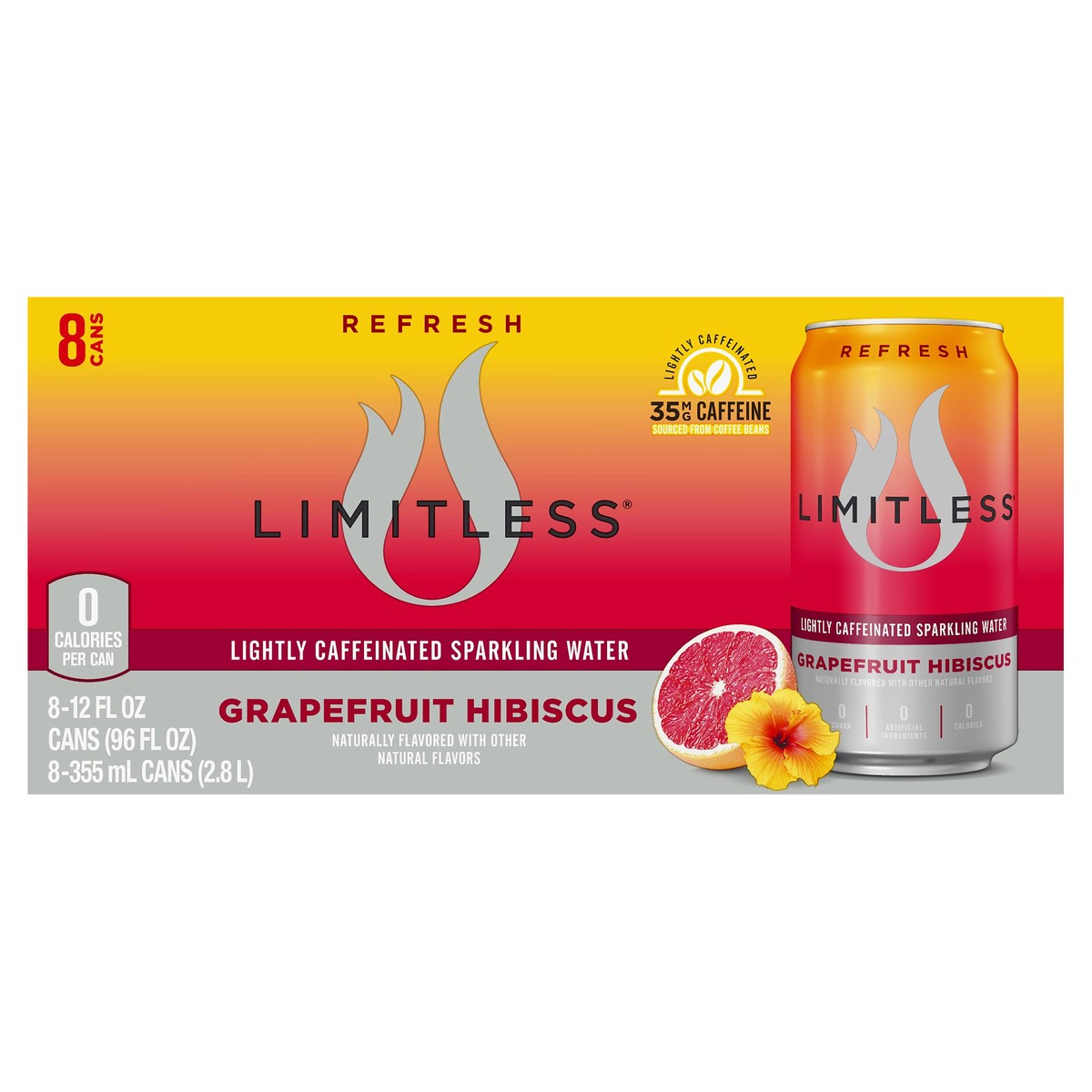 slide 1 of 10, LIMITLESS Refresh Lightly Caffeinated Sparkling Water, Grapefruit Hibiscus, 12 Fl oz Cans, 8 Pack, 8 ct