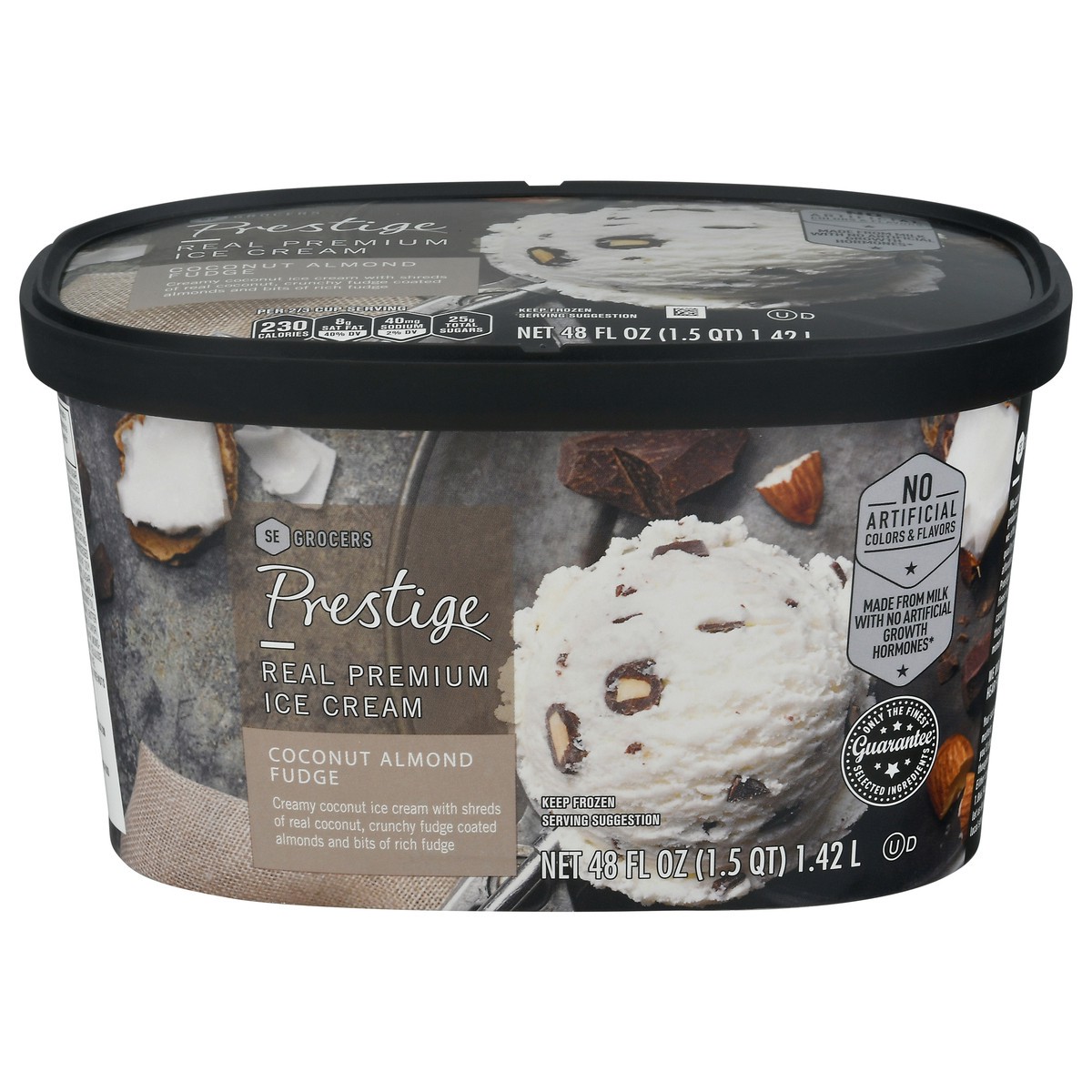 slide 1 of 9, Prestige Real Premium Ice Cream Coconut Almond Fudge, 48 oz