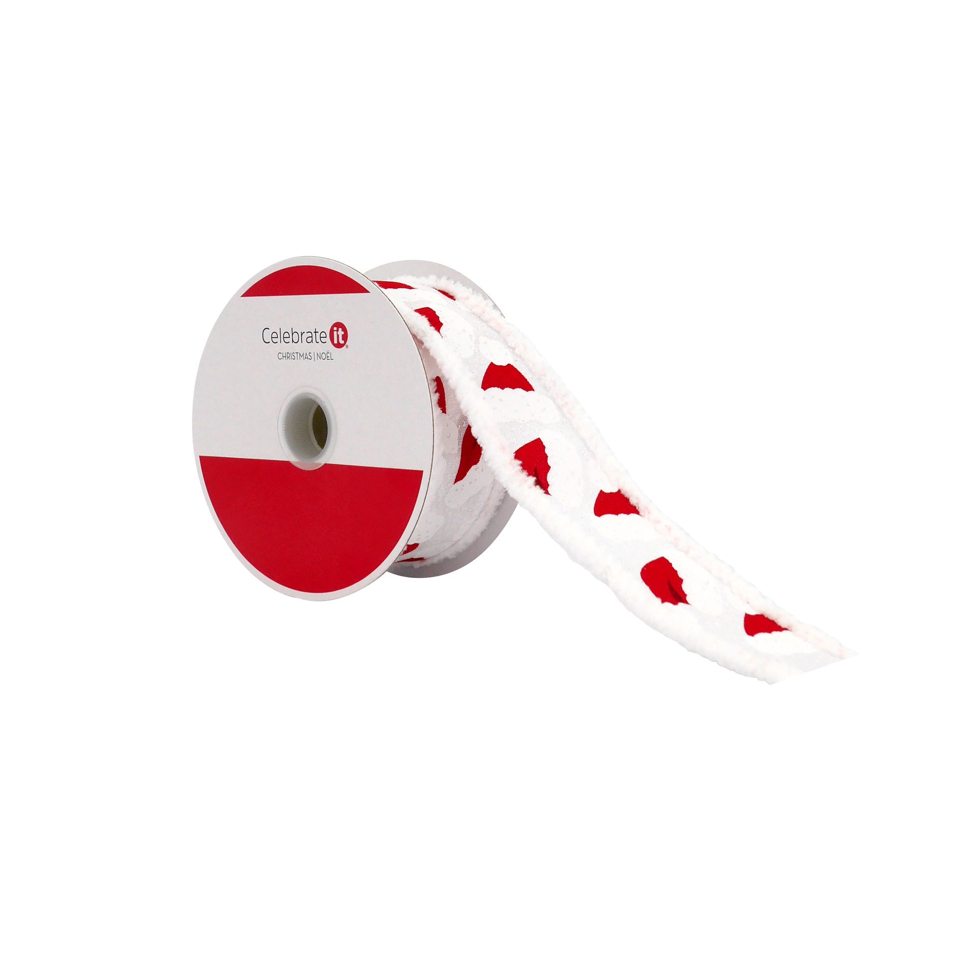 slide 3 of 3, 1.5" X 15ft. Santa Hats With Fur Edges Wired Ribbon By Celebrate It, 1.5 in x 15 ft