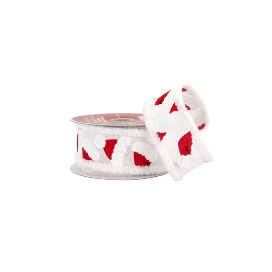 slide 1 of 3, 1.5" X 15ft. Santa Hats With Fur Edges Wired Ribbon By Celebrate It, 1.5 in x 15 ft