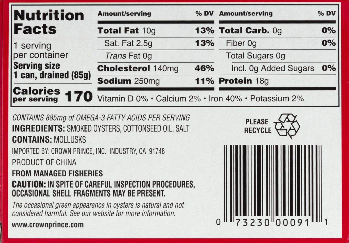 slide 8 of 9, Crown Prince Fancy Whole in Cottonseed Oil Smoked Oysters 3.75 oz, 3.75 oz