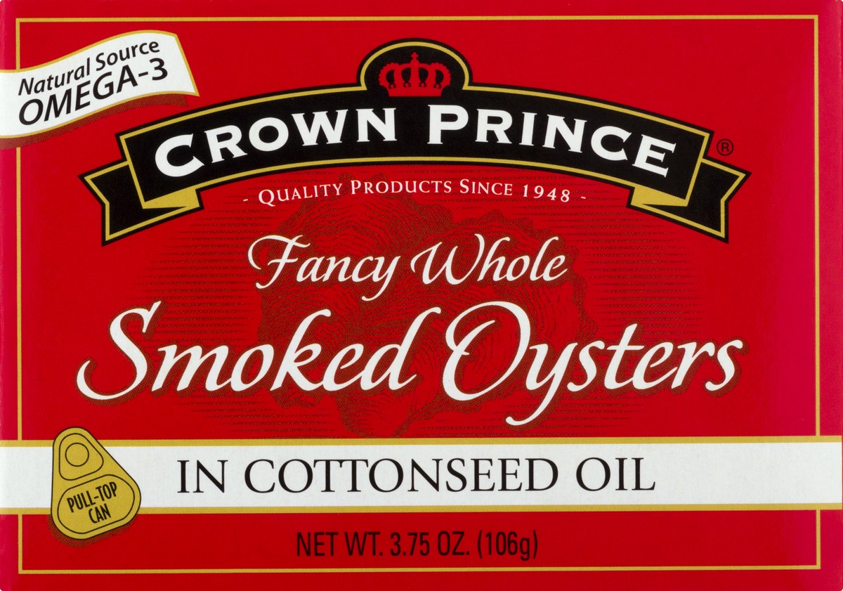 slide 1 of 9, Crown Prince Fancy Whole in Cottonseed Oil Smoked Oysters 3.75 oz, 3.75 oz