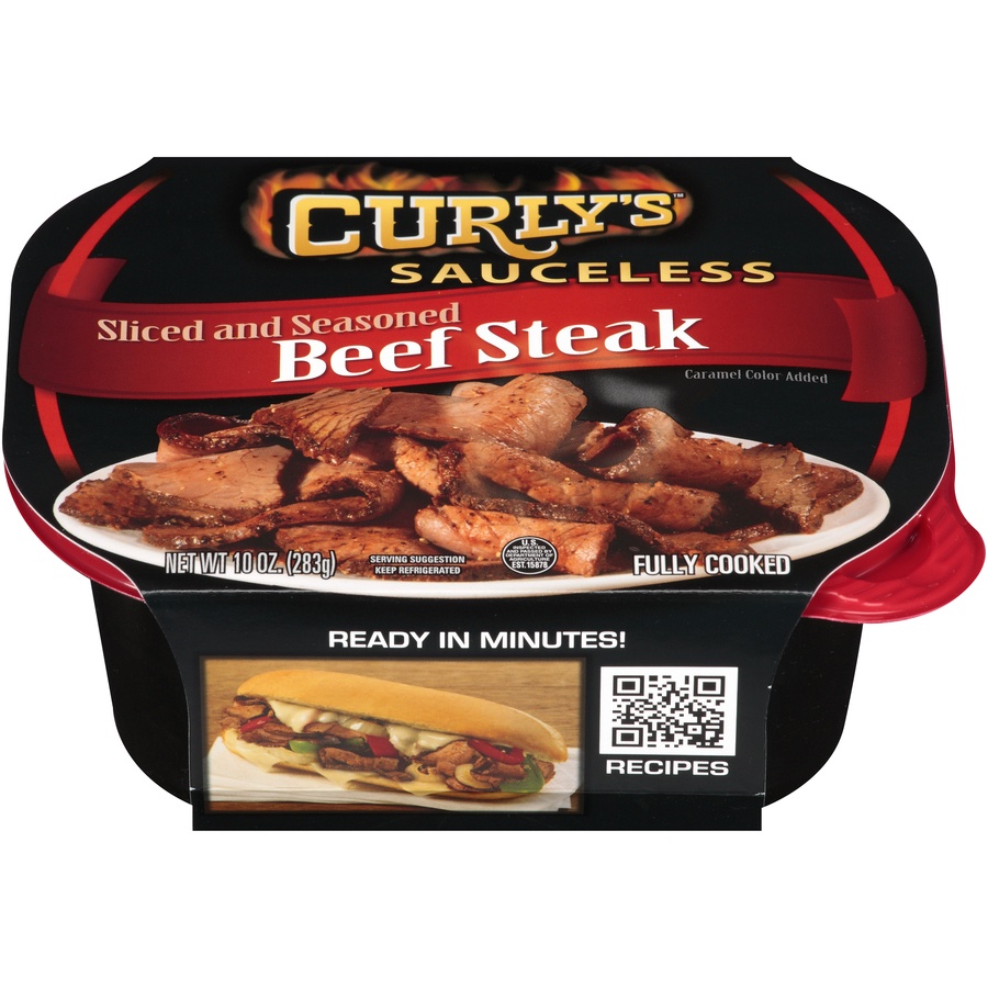 slide 1 of 3, Curly's Sliced and Seasoned Beef Steak, 10 oz