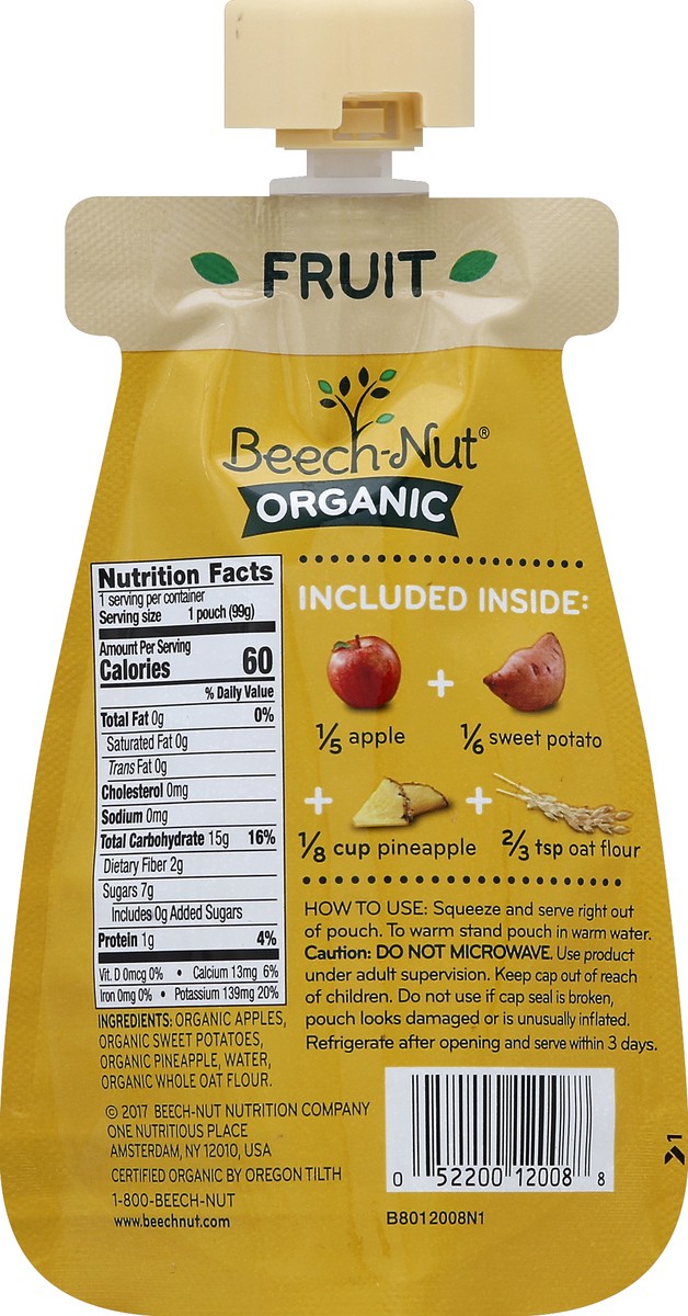 slide 3 of 6, Beech-Nut Organic Cold Puree Pouch Apple, Sweet Potato, Pineapple & Oat Baby Food, 3.5 oz