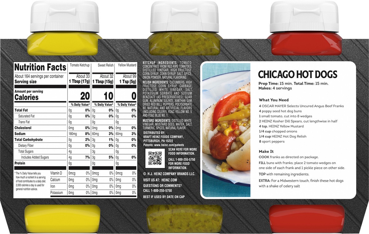 slide 5 of 9, Heinz Variety Pack Ketchup, Sweet Relish & Yellow Mustard 3 Count Sleeve, 