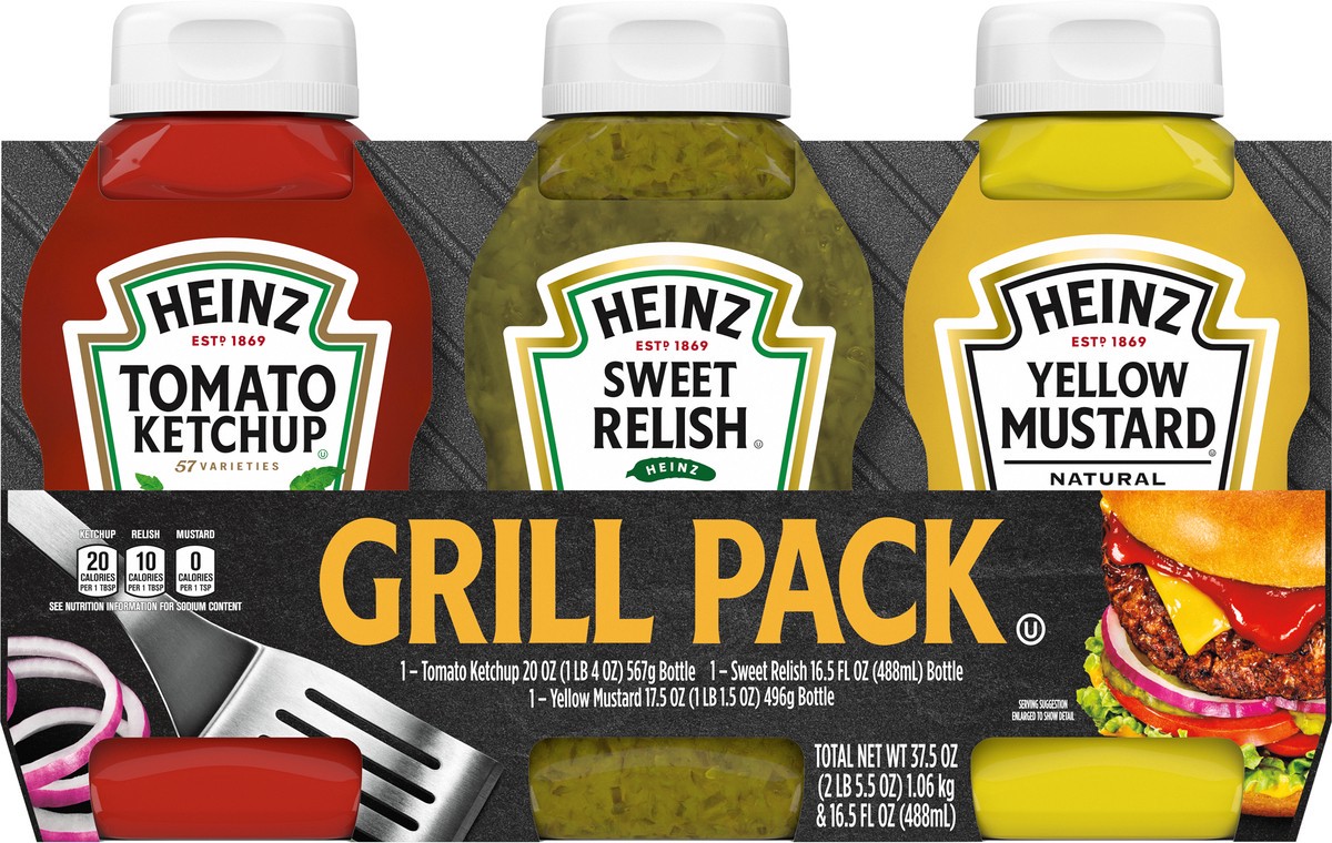 slide 6 of 9, Heinz Variety Pack Ketchup, Sweet Relish & Yellow Mustard 3 Count Sleeve, 