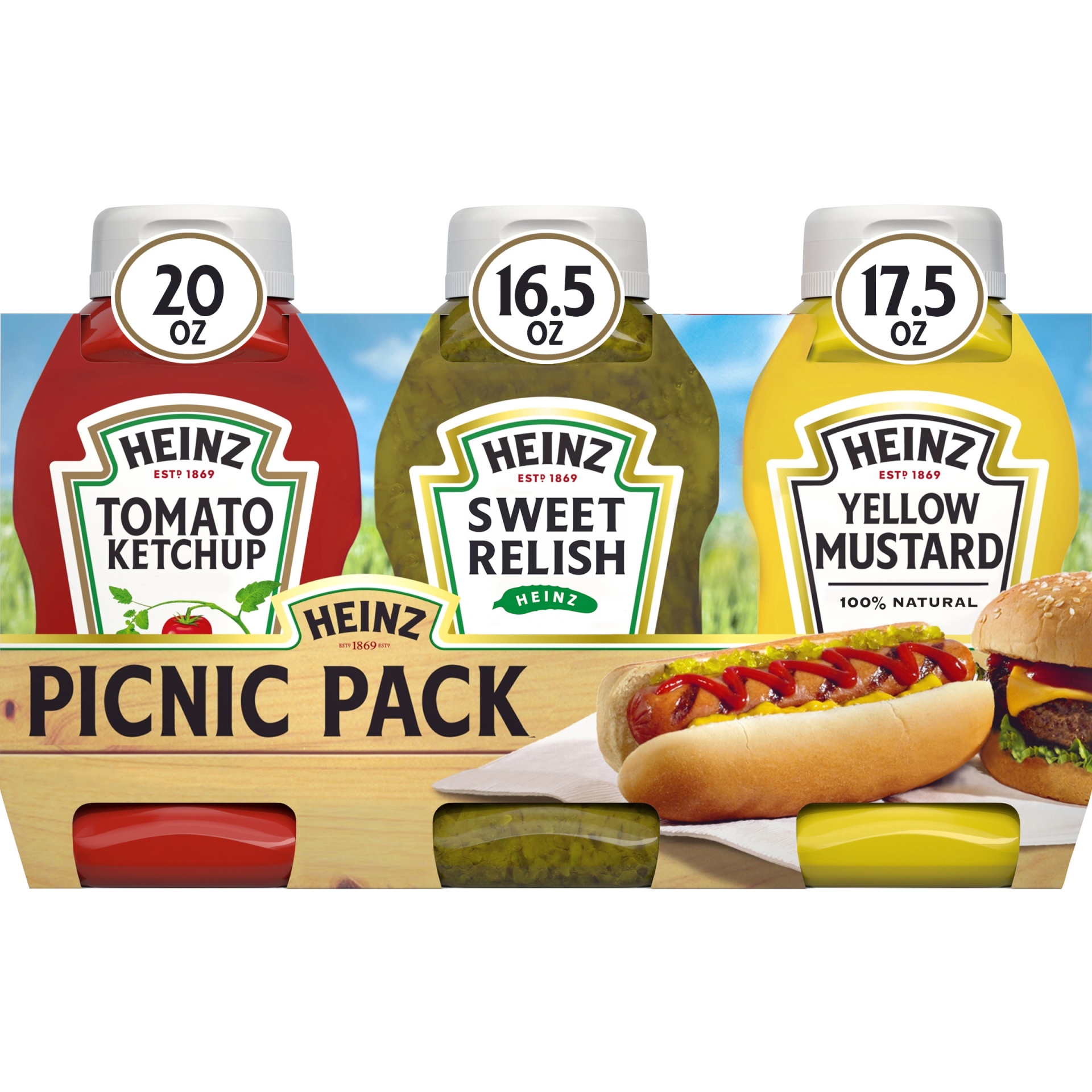 slide 1 of 7, Heinz Tomato Ketchup, Sweet Relish & 100% Natural Yellow Mustard Picnic Variety Pack Pack, 3 ct