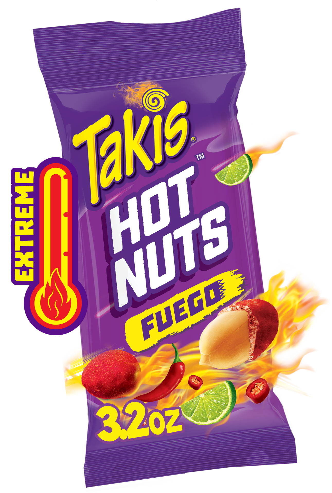 slide 1 of 9, Takis Fuego Hot Nuts 3.2 oz Snack Size Pouch, Hot Chili Pepper & Lime Flavored Extreme Spicy Double-Crunch Peanuts, 3.2 oz