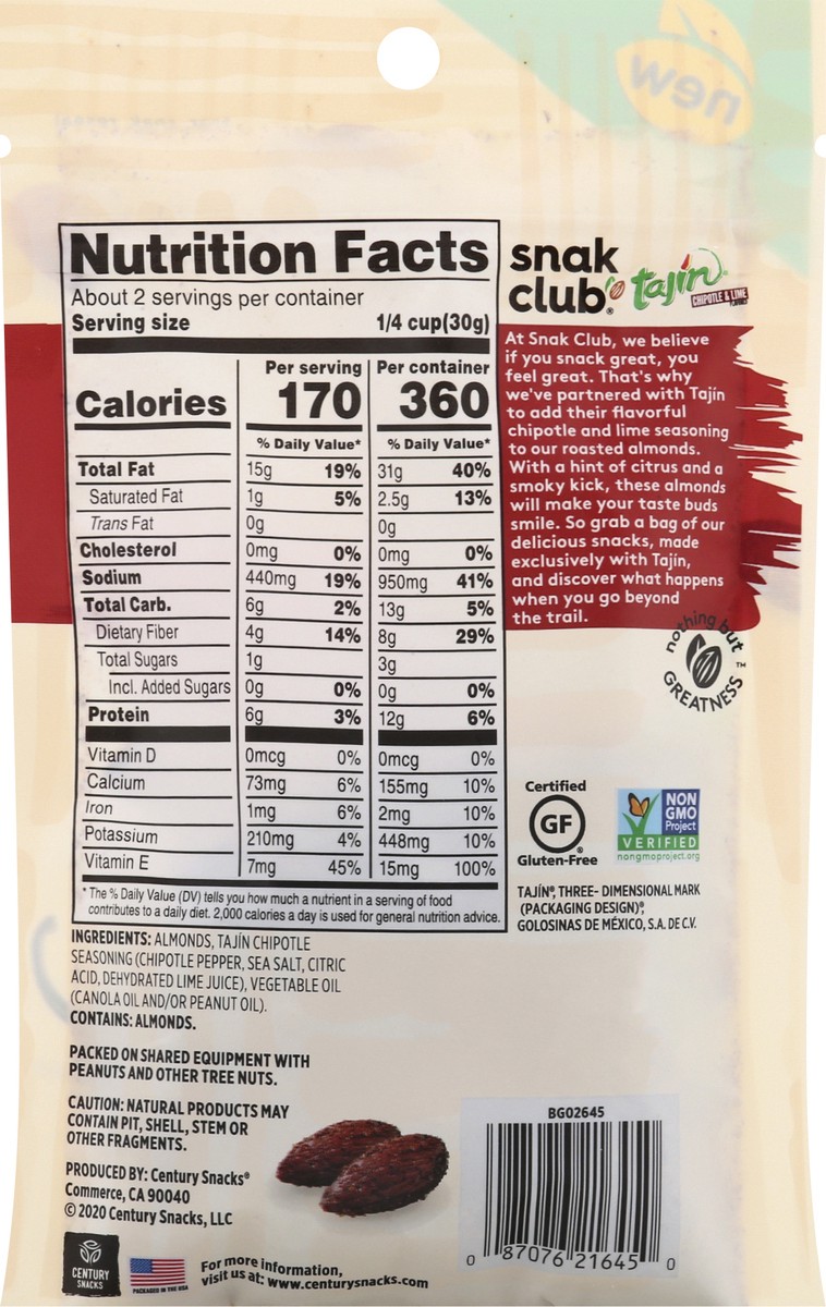 slide 7 of 12, Snak Club Medium Tajin Chipotle & Lime Almonds 2.25 oz, 2.25 oz