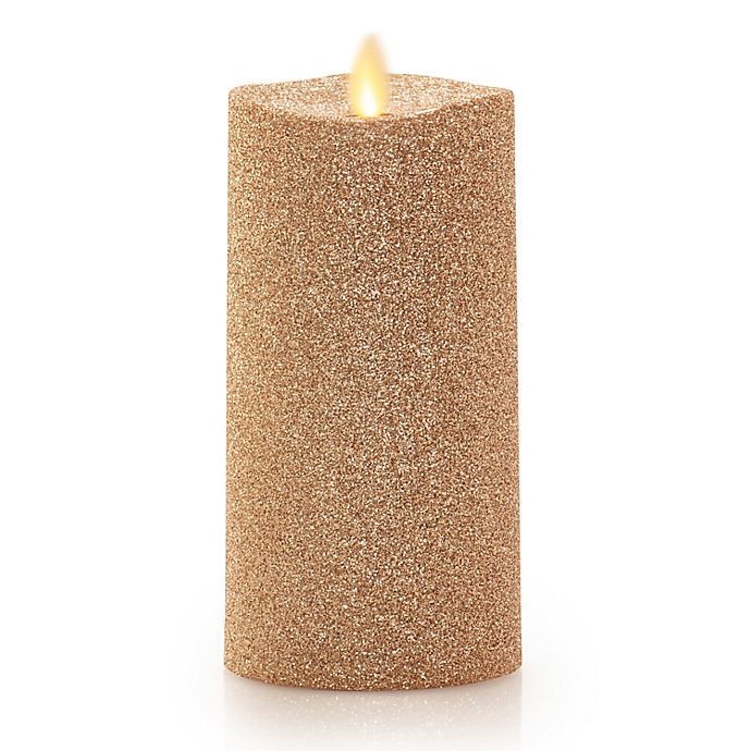 slide 1 of 6, Luminara Glitter Real-Flame Effect Pillar Candle - Gold, 6 in