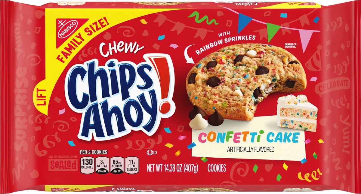 slide 9 of 9, CHIPS AHOY! Chewy Confetti Cake Cookies with Rainbow Sprinkles, Birthday Cookies, Family Size, 14.38 oz, 14.38 oz