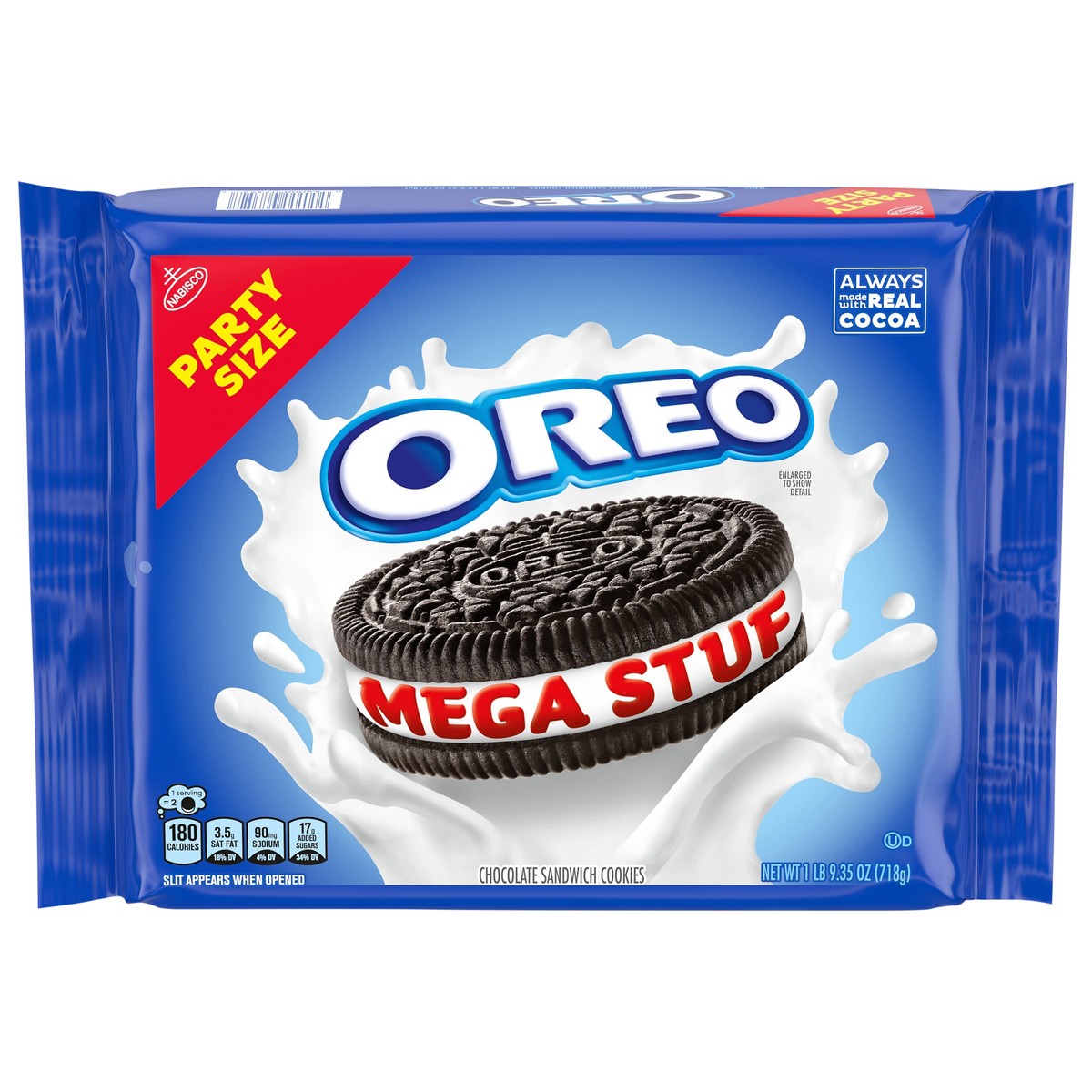 slide 1 of 9, OREO Mega Stuf Chocolate Sandwich Cookies, Party Size, 1 lb 9.35 oz, 25.35 oz