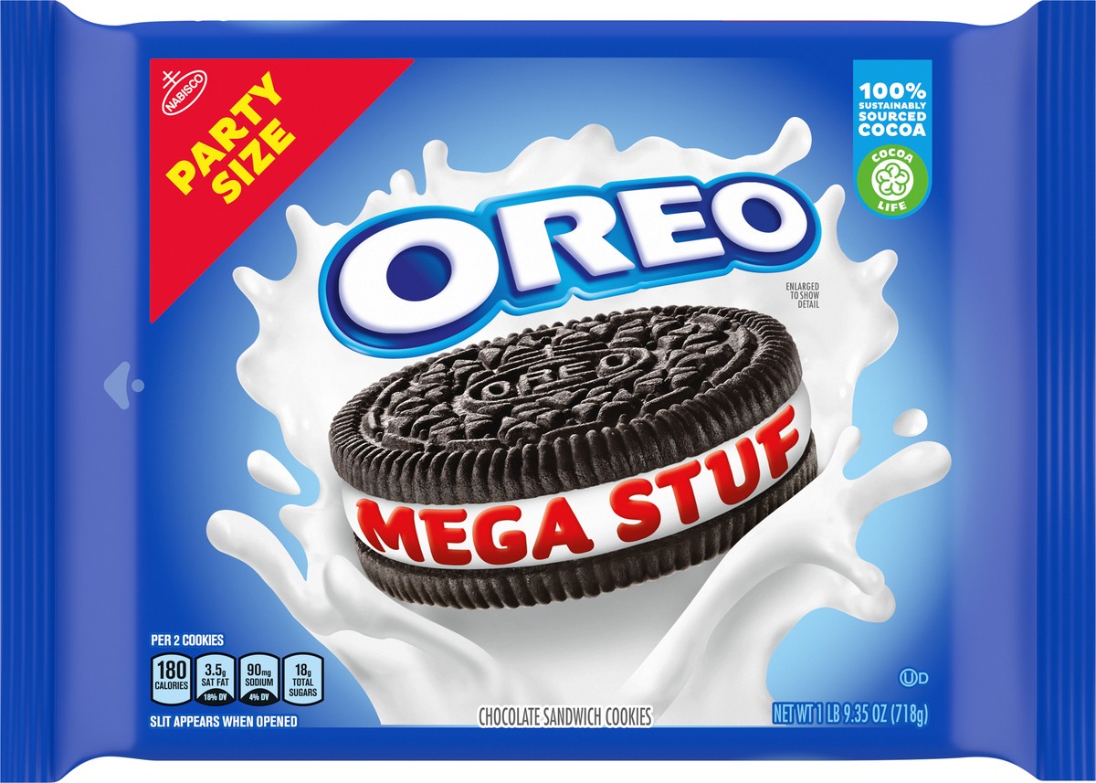 slide 4 of 9, OREO Mega Stuf Chocolate Sandwich Cookies, Party Size, 1 lb 9.35 oz, 25.35 oz