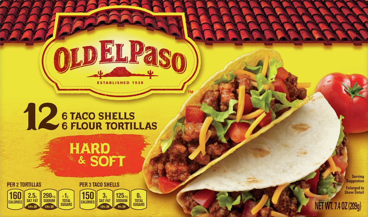 slide 6 of 9, Old El Paso Hard & Soft Taco Shells & Flour Tortillas, 12 Shells, 7.4 oz, 12 ct