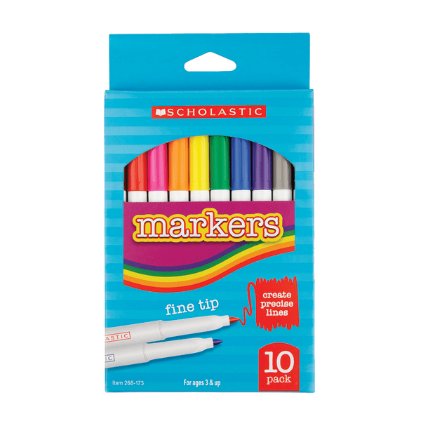 slide 1 of 1, Scholastic Markers, Fine Tip, Assorted Colors, Pack Of 10, 10 ct