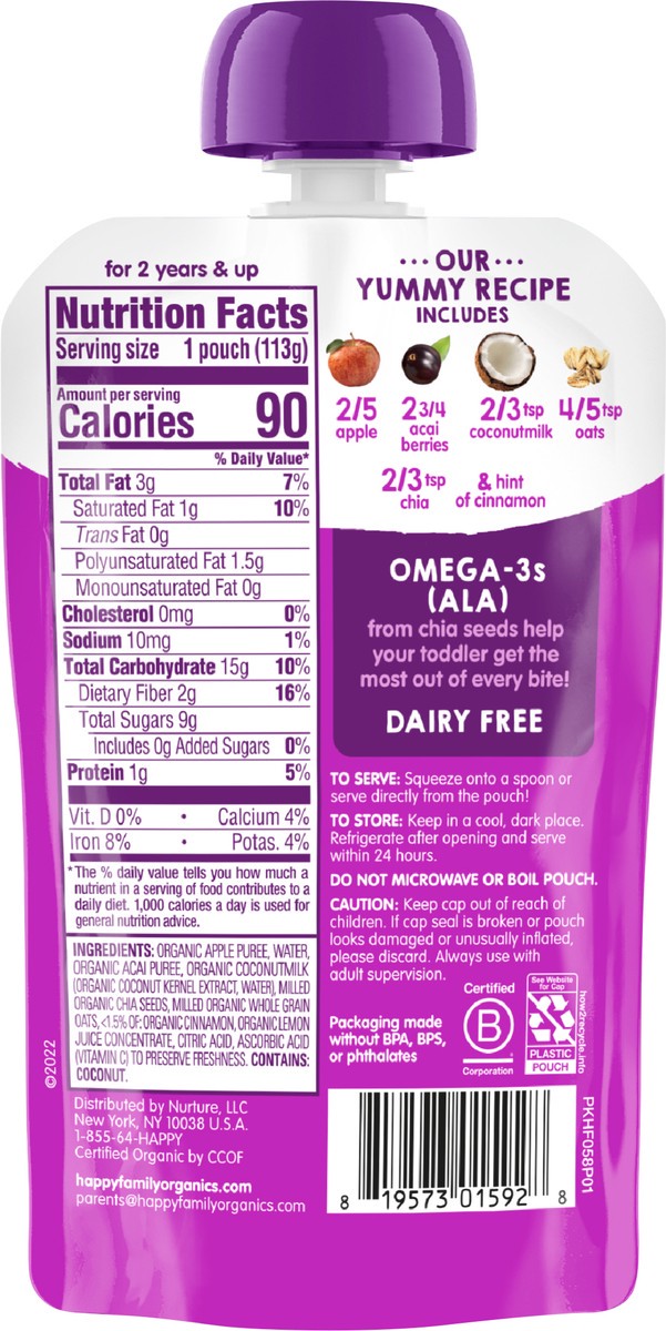 slide 3 of 7, Happy Tot Stage 4 Baby Food Pouches, Gluten Free, Vegan & Dairy Free Snack, Super Morning Fruit & Oat Blend, Apple, Acai, Coconutmilk, Oats & Chia, 4 Oz (Pack of 8), 3 oz