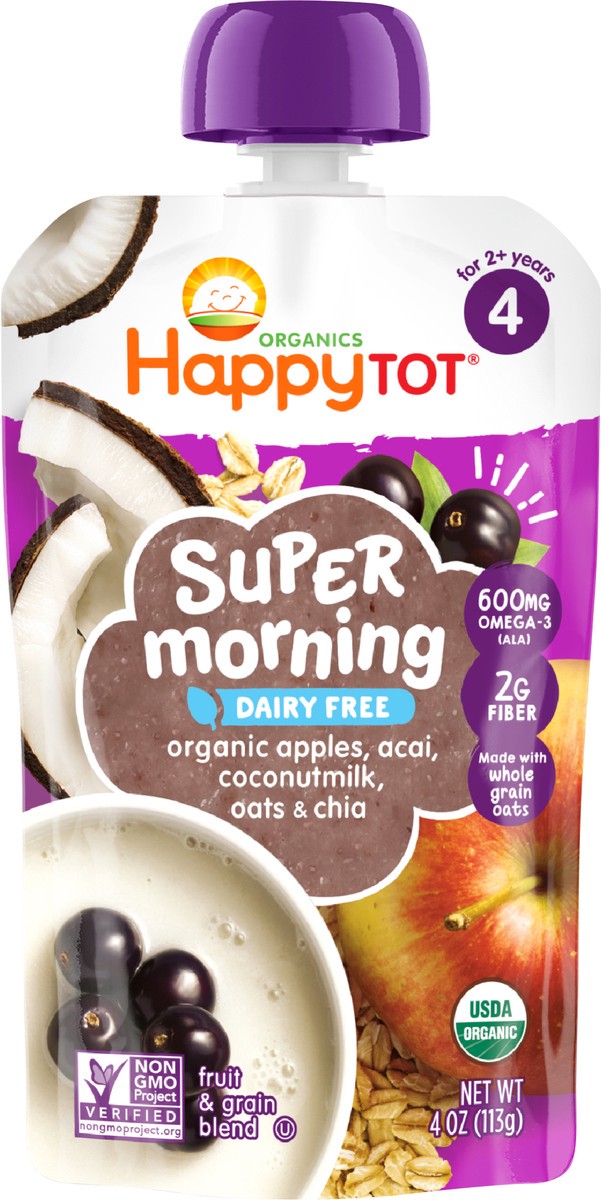 slide 5 of 7, Happy Tot Stage 4 Baby Food Pouches, Gluten Free, Vegan & Dairy Free Snack, Super Morning Fruit & Oat Blend, Apple, Acai, Coconutmilk, Oats & Chia, 4 Oz (Pack of 8), 3 oz