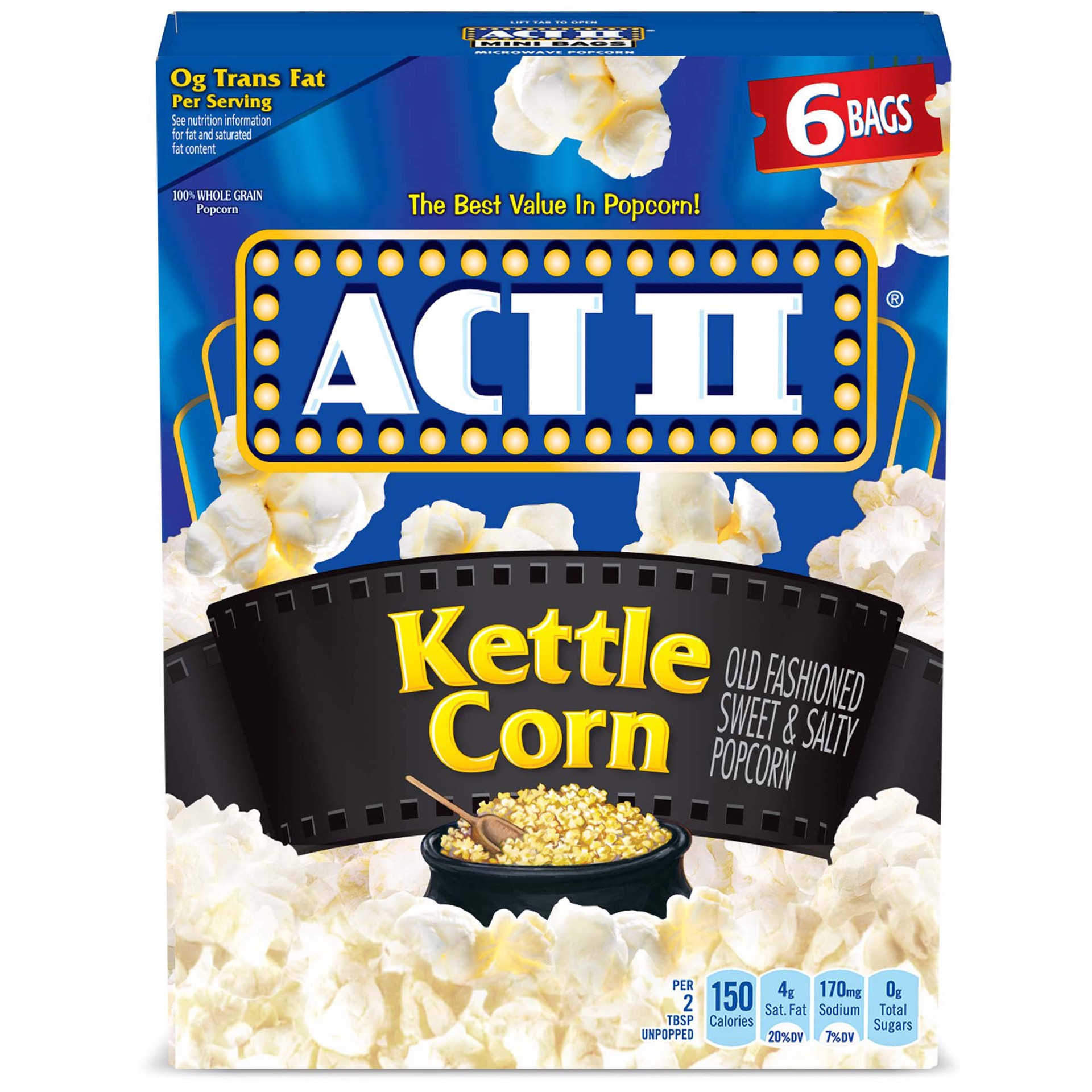 slide 1 of 5, Act II Kettle Corn Microwave Popcorn, 2.75 oz., 6 Count Bags, 6 ct