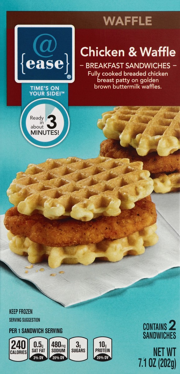 slide 5 of 6, @ease Chicken & Waffle Fully Cooked Breaded Chicken Breast Patty On Golden Brown Buttermilk Waffles Breakfast Sandwiches, 2 ct