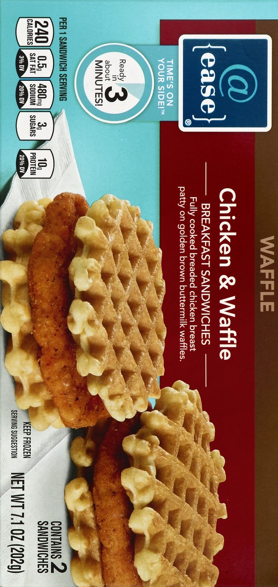 slide 6 of 6, @ease Chicken & Waffle Fully Cooked Breaded Chicken Breast Patty On Golden Brown Buttermilk Waffles Breakfast Sandwiches, 2 ct