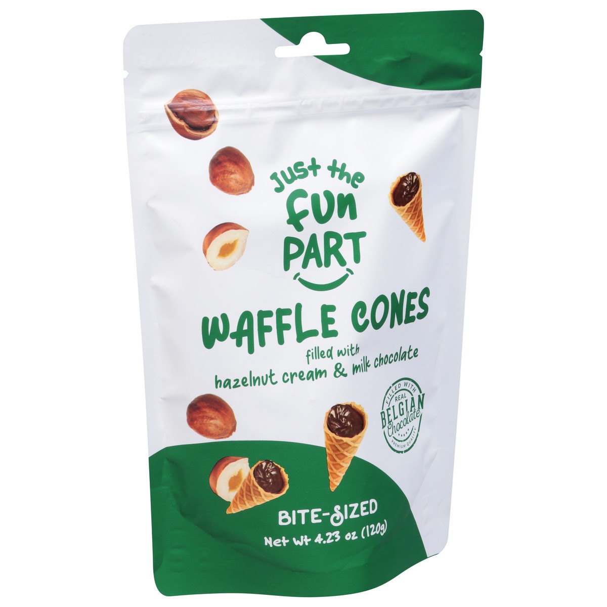 slide 3 of 9, Just The Fun Part Waffle Cones, Hazelnut Cream & Milk Chocolate, Bite-Sized, 4.23 oz