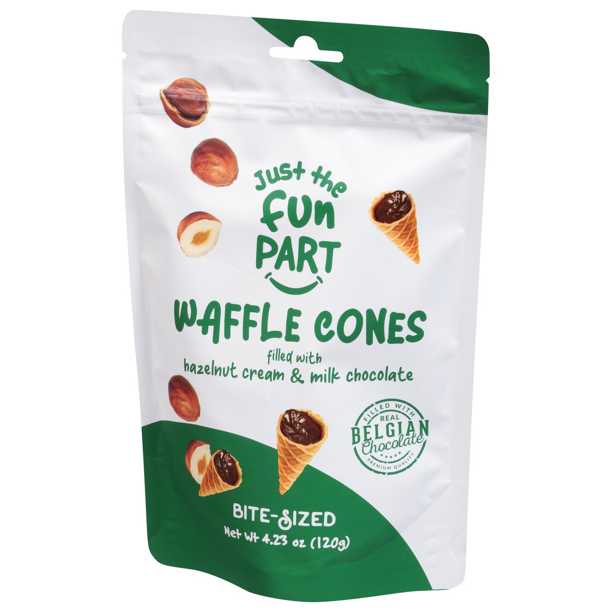 slide 9 of 9, Just The Fun Part Waffle Cones, Hazelnut Cream & Milk Chocolate, Bite-Sized, 4.23 oz