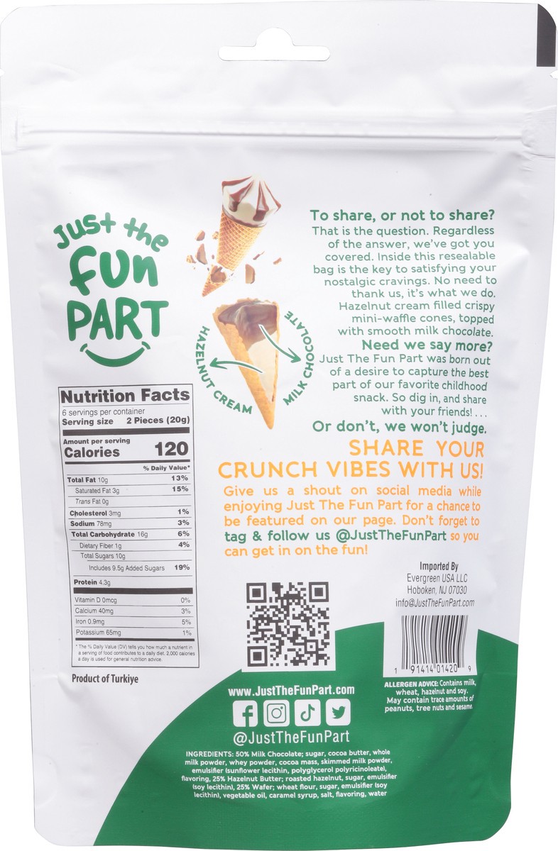 slide 4 of 9, Just The Fun Part Waffle Cones, Hazelnut Cream & Milk Chocolate, Bite-Sized, 4.23 oz