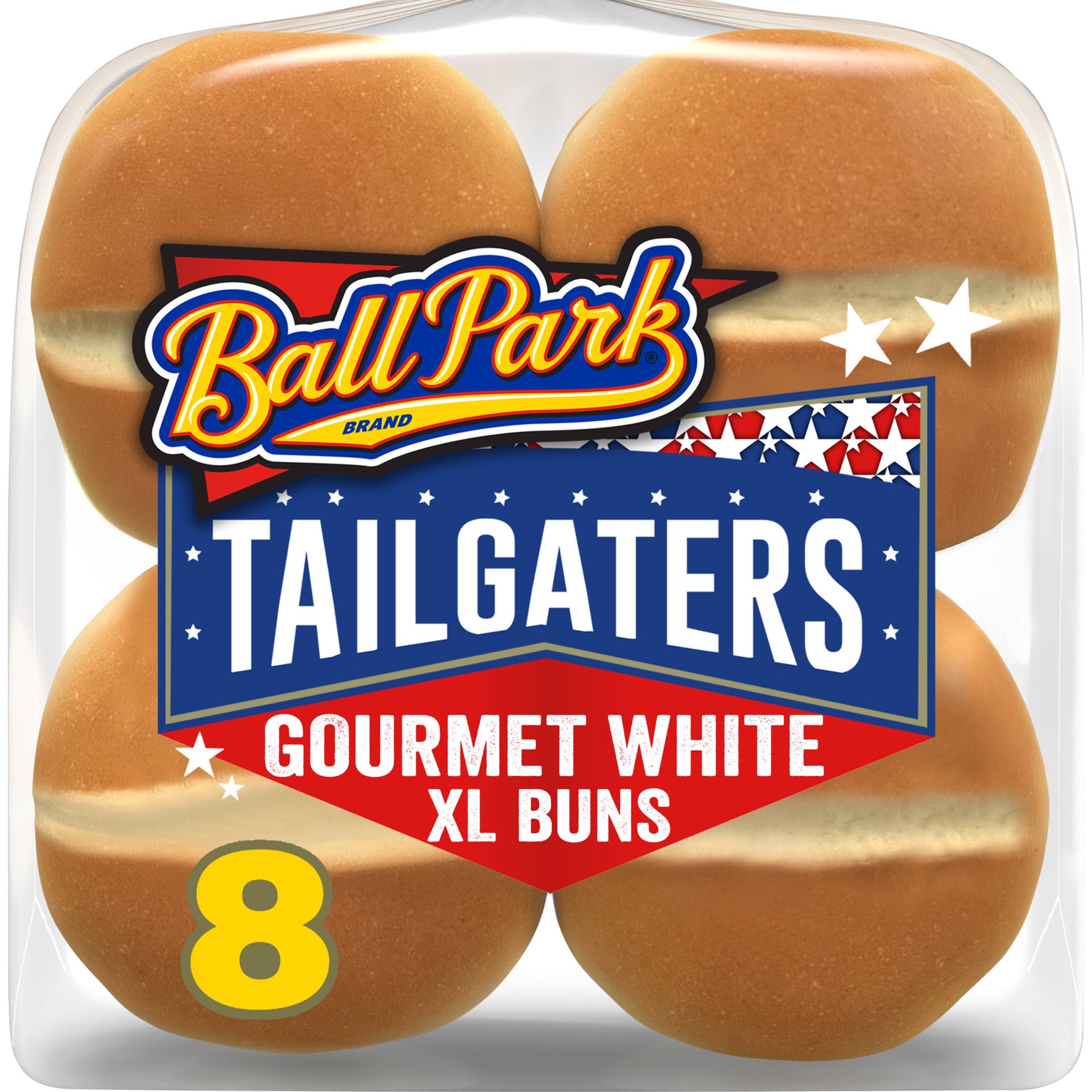 slide 1 of 1, Ball Park Tailgaters Gourmet Extra Large Buns, 8 count, White Hamburger Buns, 21 oz Bag, 8 ct