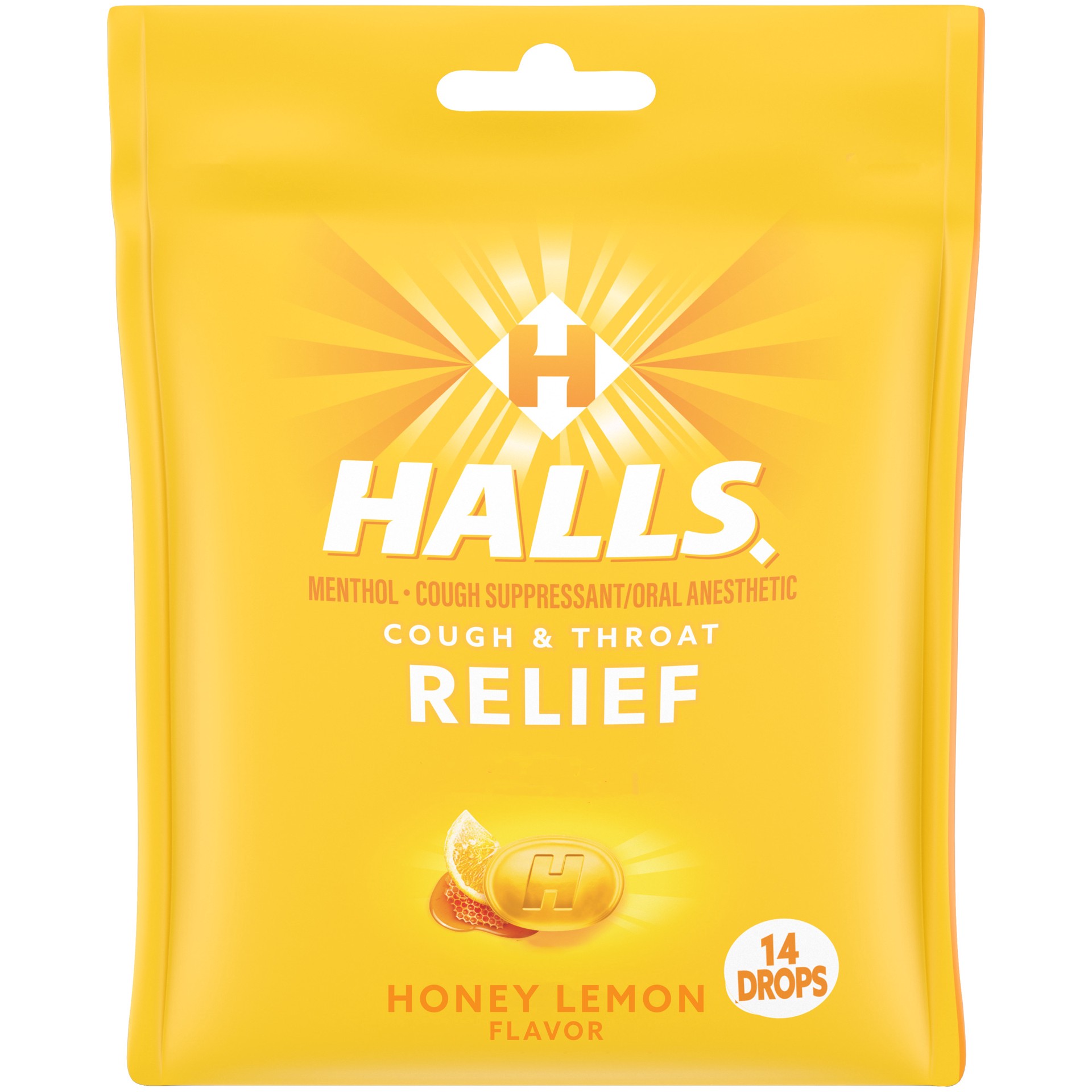 slide 1 of 14, HALLS Relief Honey Lemon Cough Drops, 14 Drops, 1.53 oz