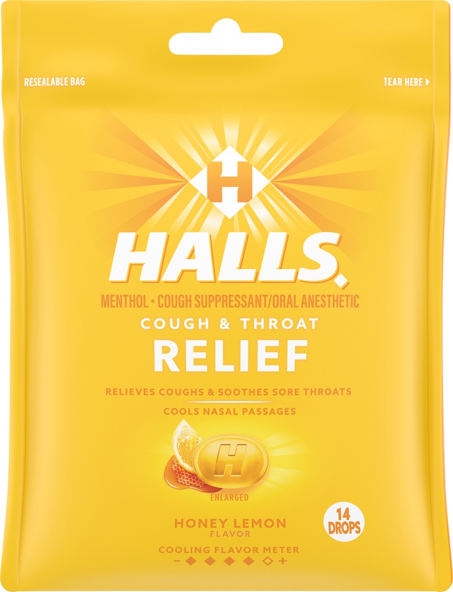 slide 2 of 14, HALLS Relief Honey Lemon Cough Drops, 14 Drops, 1.53 oz