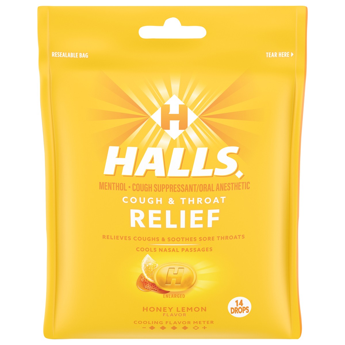 slide 1 of 14, Halls Relief Honey Lemon Flavor Cough Drops 14 ea, 14 ct
