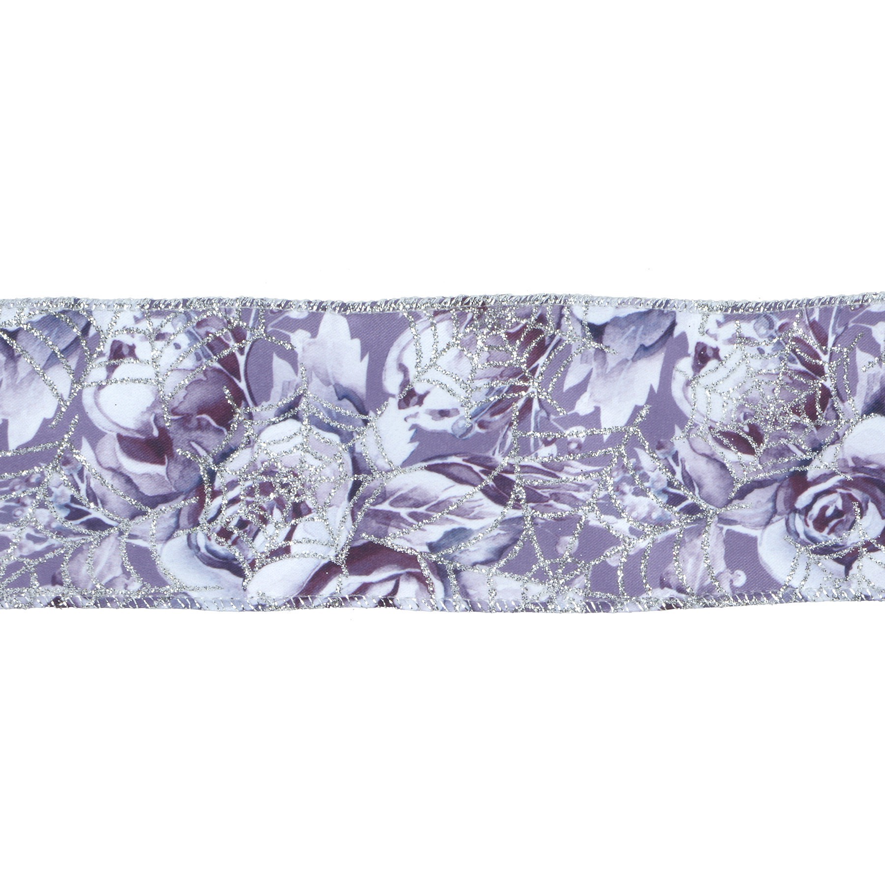 slide 3 of 3, 2.5" X 20ft. Purple Wired Floral Glitter Web Ribbon By Celebrate It Halloween, 2.5 in x 20 ft
