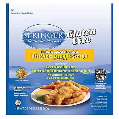 slide 1 of 1, Springer Mountain Farms Springer Mountain Gluten Free Fully Cooked Breaded Chicken Breast Strips with Rib Meat, 24 oz