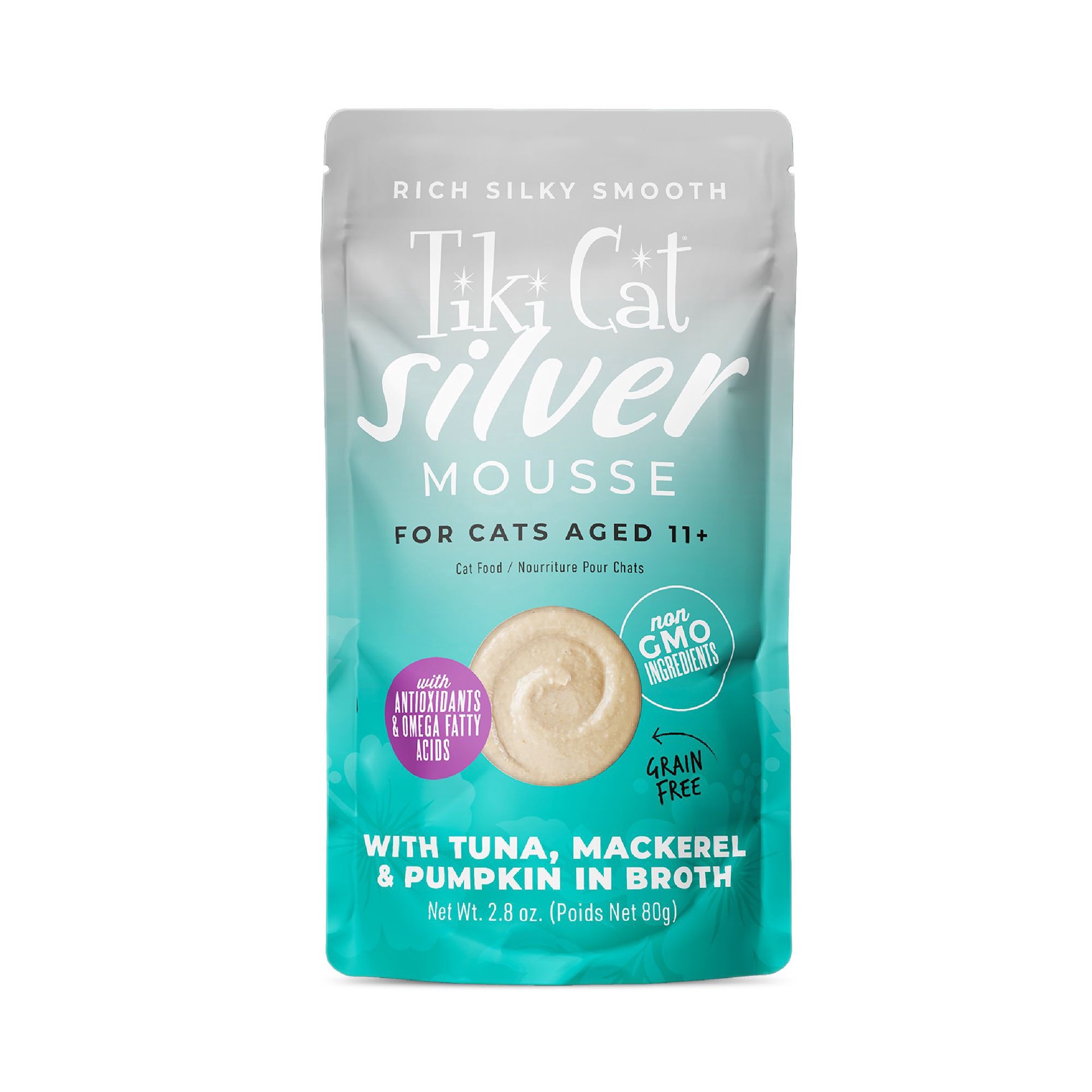 slide 1 of 1, Tiki Cat Silver Mousse Wet Cat Food, Tuna, Mackerel & Pumpkin in Broth, 2.8 oz. Pouch (12 Count), 2.8 oz
