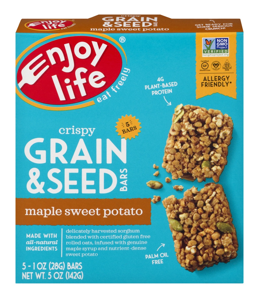 slide 1 of 8, Enjoy Life Maple Sweet Potato Crispy Grain & Seed Bars, 5 ct