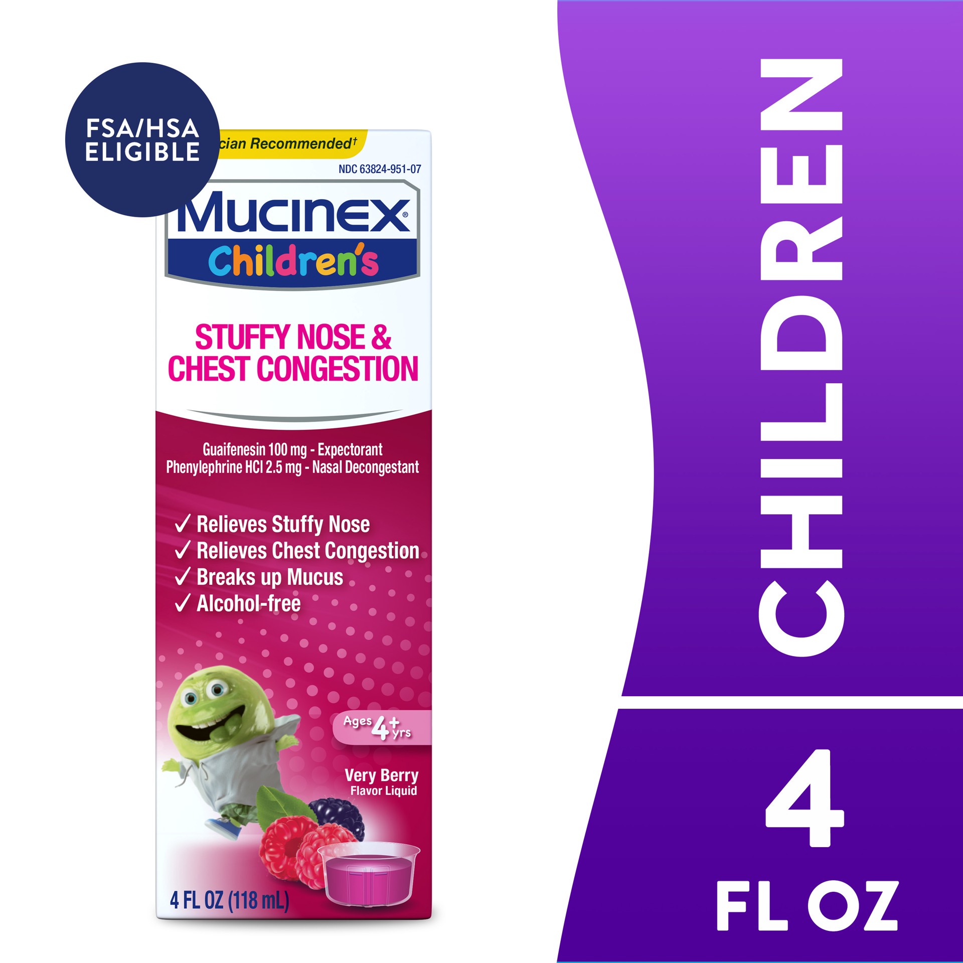 slide 1 of 9, Mucinex Children's Liquid - Stuffy Nose & Cold Mixed Berry 4 oz. (Packaging May Vary), 4 fl oz