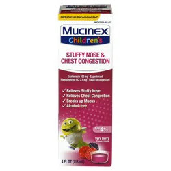 Mucinex Childrens Liquid Stuffy Nose & Chest Congestion Relieves Stuffy Nose Controls Cough Relives Chest Congestion Breaks up Mucus Very Berry - 4 oz