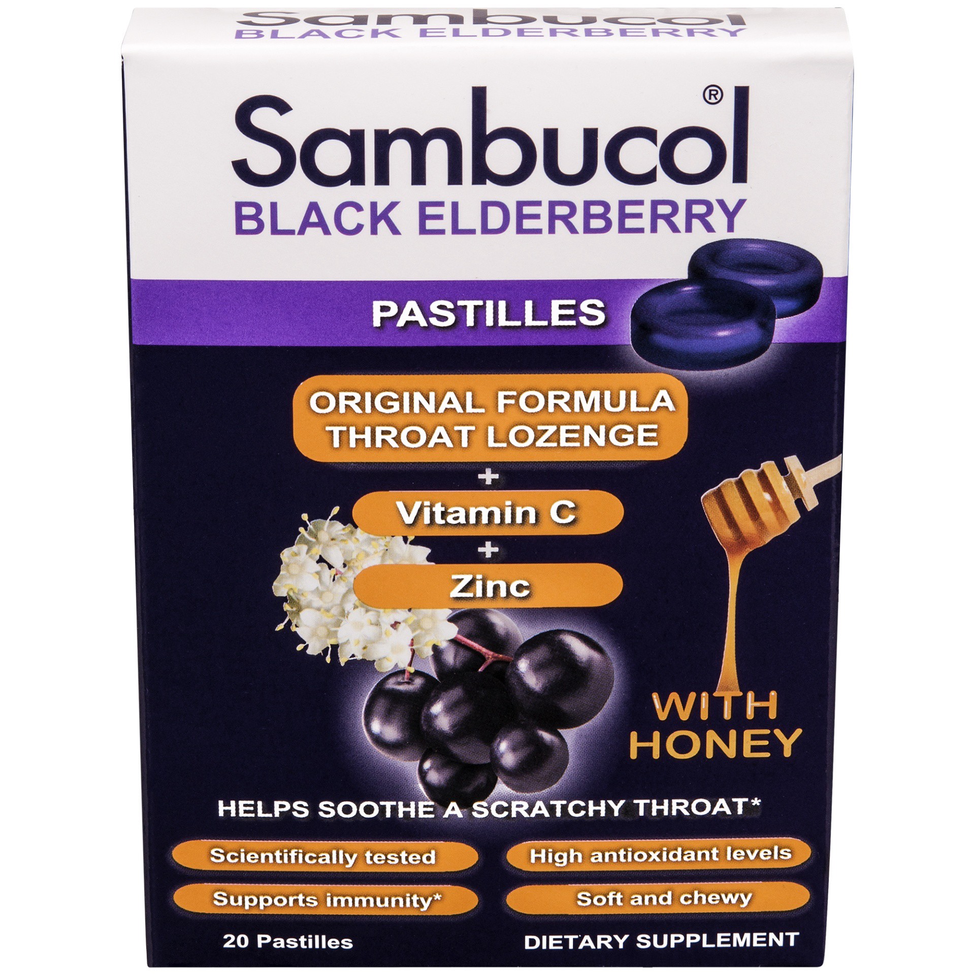 slide 1 of 2, Sambucol Black Elderberry Pastilles Throat Losenges with Honey, 20 ct