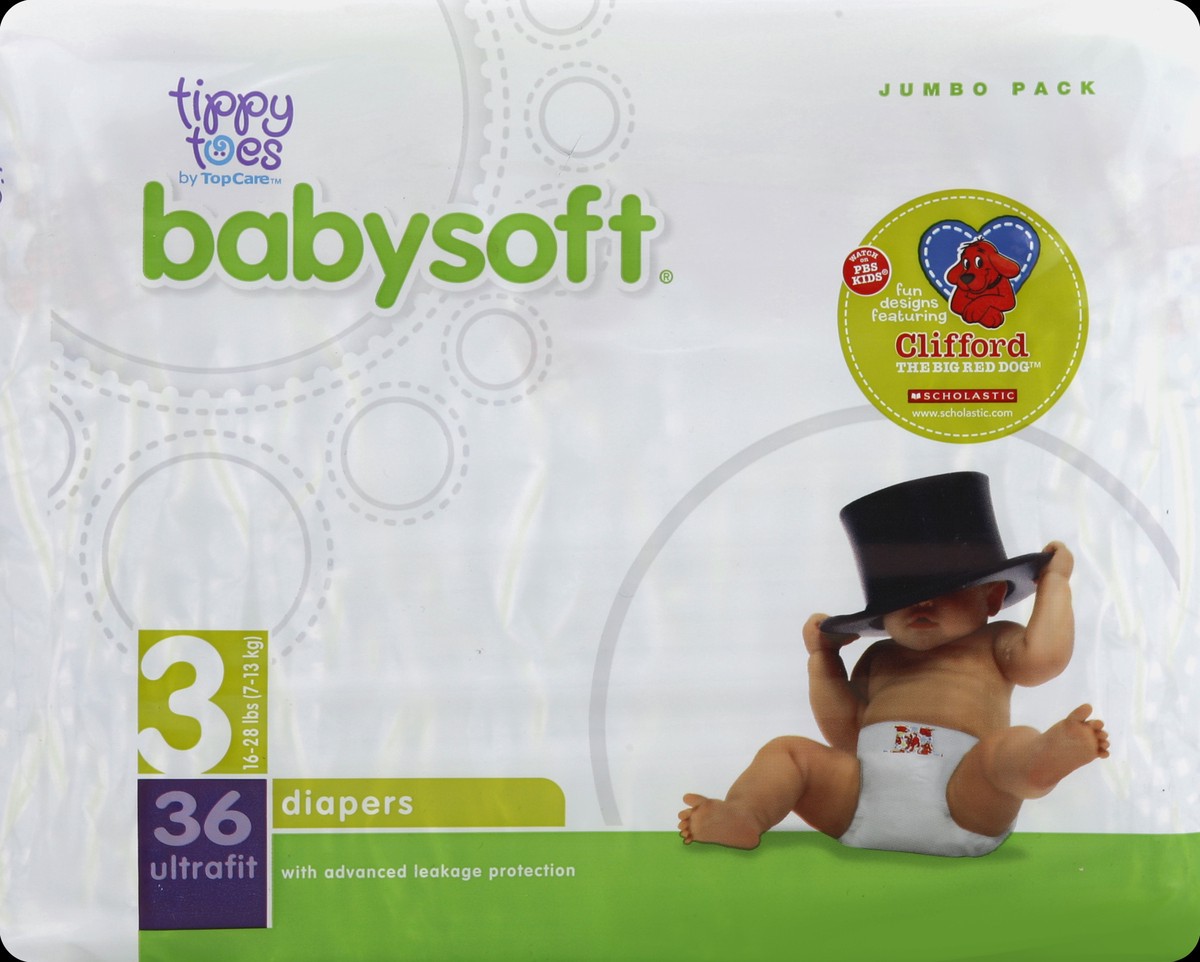 slide 5 of 6, Tippy Toes Diapers, Ultrafit, Size 3 (16-28 lbs), Clifford, Jumbo Pack, 36 ct