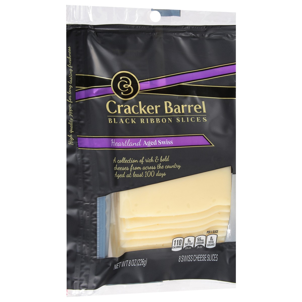 slide 7 of 11, Cracker Barrel Black Ribbon Slices Heartland Aged Swiss Cheese Slices, 8 ct Pack, 8 oz