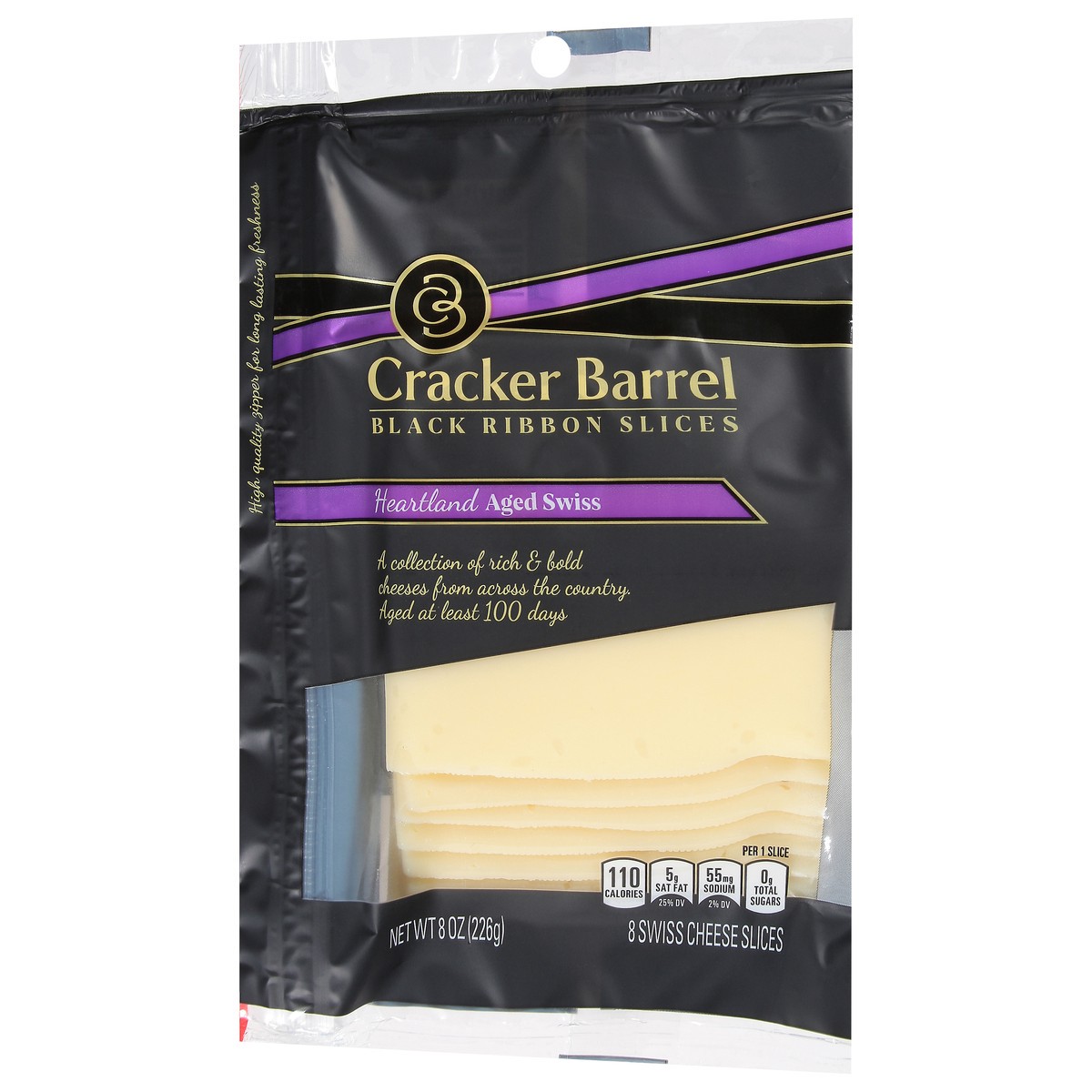 slide 6 of 11, Cracker Barrel Black Ribbon Slices Heartland Aged Swiss Cheese Slices, 8 ct Pack, 8 oz