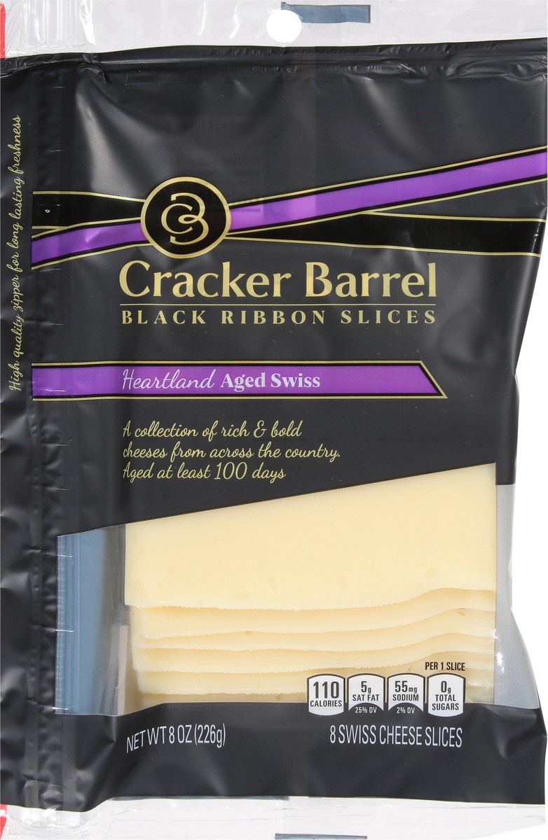 slide 11 of 11, Cracker Barrel Black Ribbon Slices Heartland Aged Swiss Cheese Slices, 8 ct Pack, 8 oz