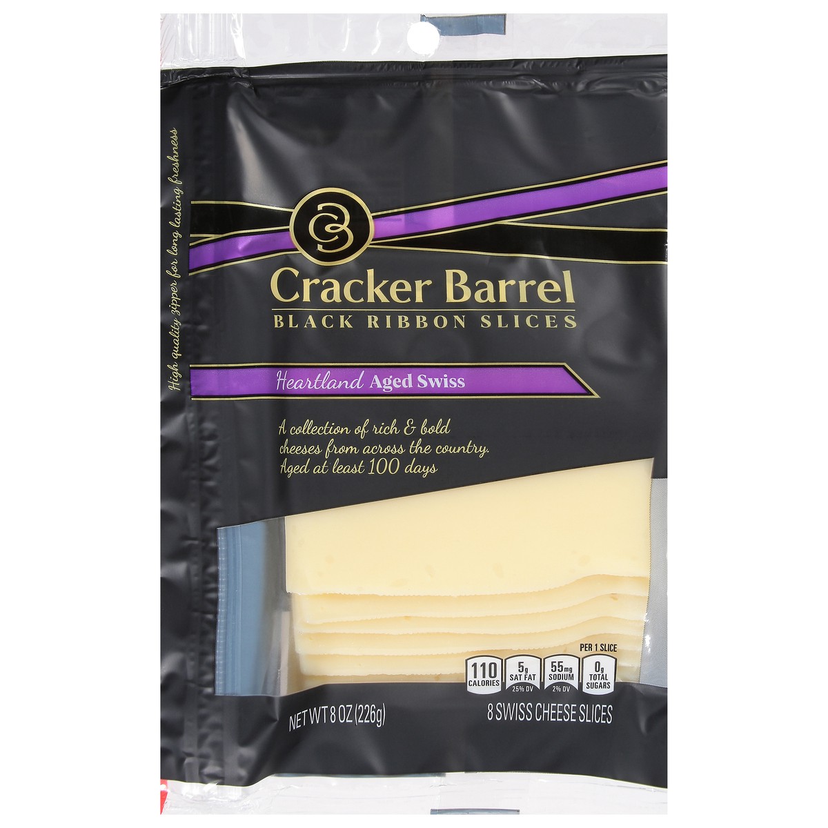 slide 3 of 11, Cracker Barrel Black Ribbon Slices Heartland Aged Swiss Cheese Slices, 8 ct Pack, 8 oz