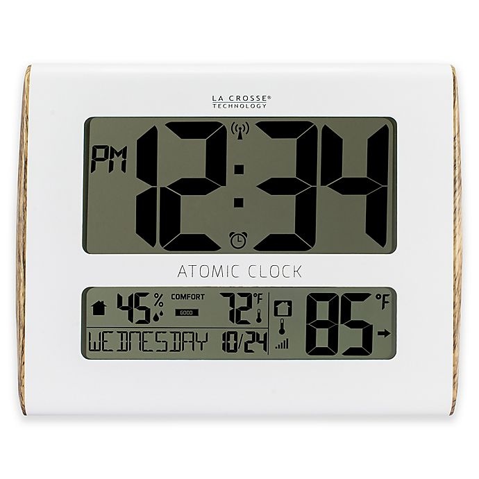 slide 1 of 1, La Crosse Technology Wood Accent Atomic Digital Wall Clock with In/Outdoor Temperature - White, 1 ct
