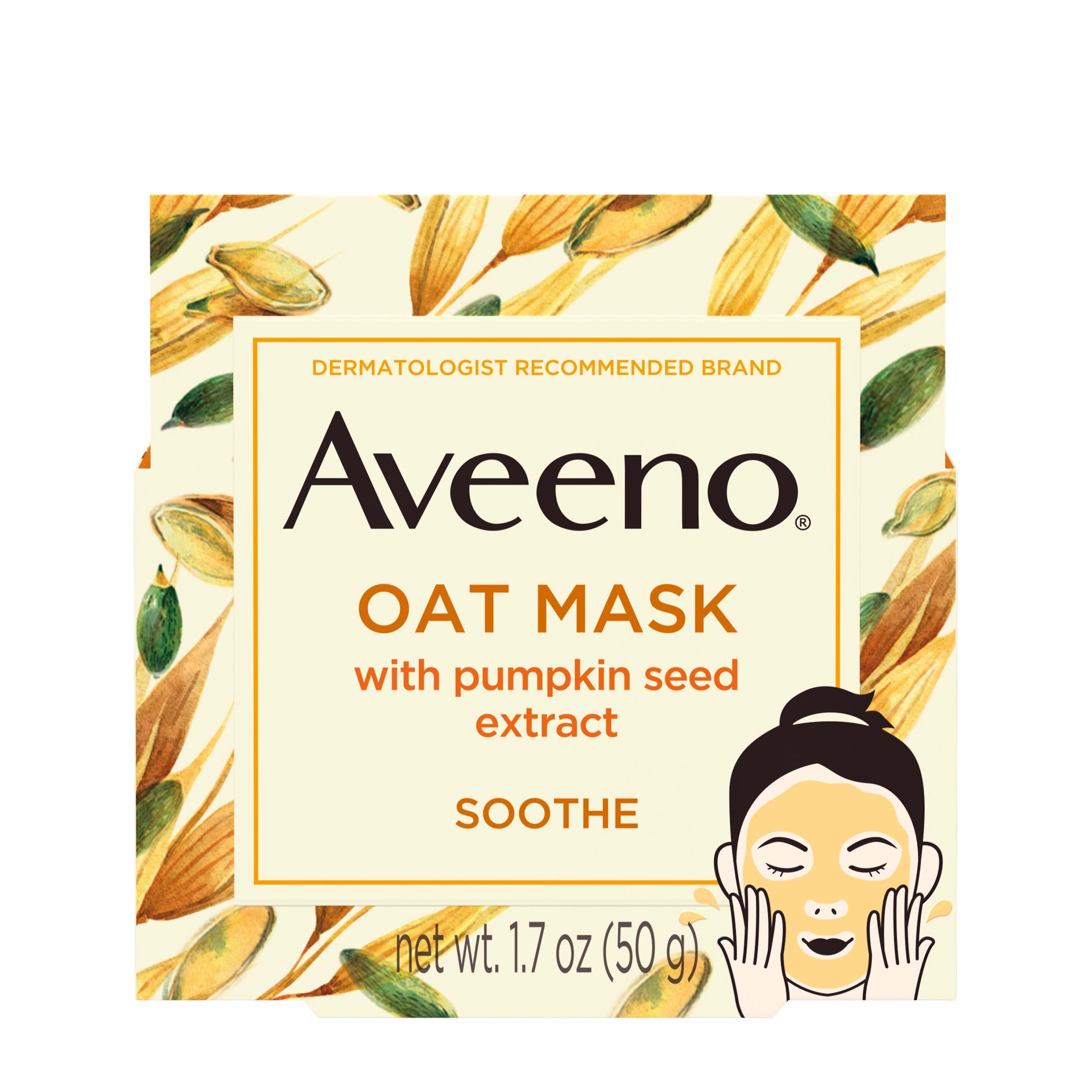 slide 1 of 11, Aveeno Oat Face Mask with Soothing Pumpkin Seed Extract and Feverfew Extract, to Rebalance and Hydrate Skin, Paraben Free, Phthalate-Free, 1.7 oz, 1.7 oz