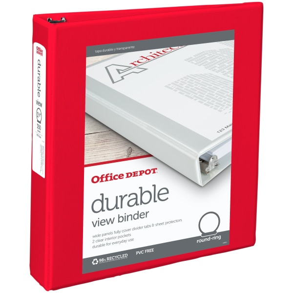 slide 1 of 5, Office Depot Brand Durable View Round-Ring Binder, 1 1/2'' Rings, Red, 1 ct