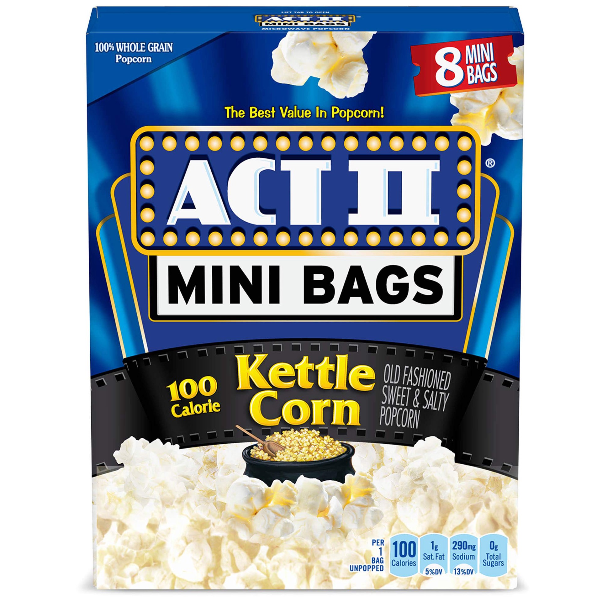 slide 1 of 5, ACT II 100 Calorie Kettle Corn Microwave Popcorn, 8-Count 1.1-oz. Mini Bags, 8.75 oz