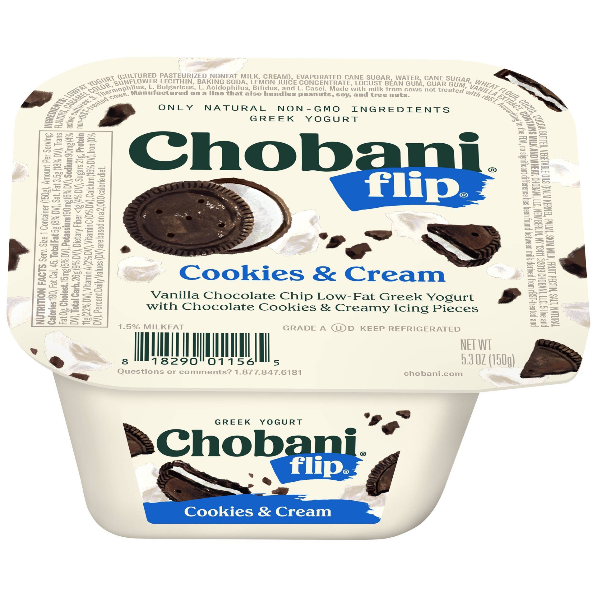 slide 1 of 8, Chobani Flip Cookies & Cream Lowfat Greek Yogurt, 5.3 oz