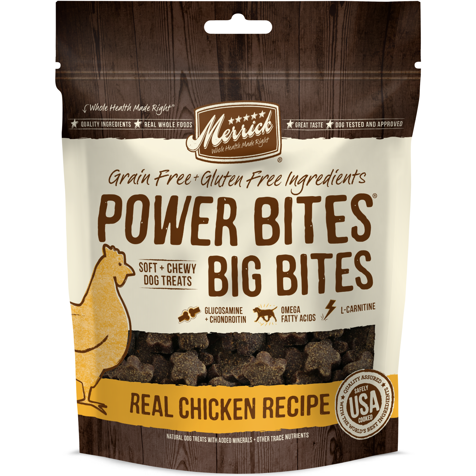 slide 1 of 5, Merrick Power Bites Dog Treats Big Bites, Real Chicken Recipe - 6 oz Bag, 6 oz